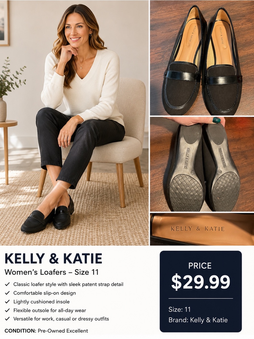 Kelly & Katie Women Black Patent Trim Loafer Flats‎ Comfort Slip on Shoes Sz 11M